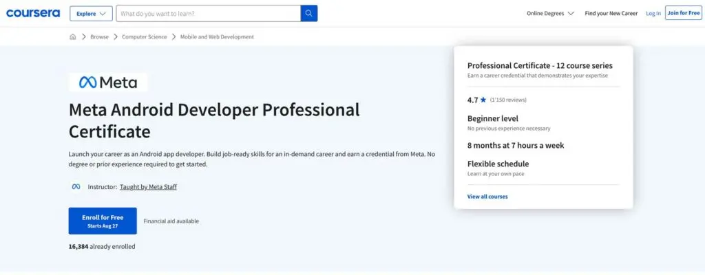 The front page of the Meta Android Developer Professional Certificate on Coursera