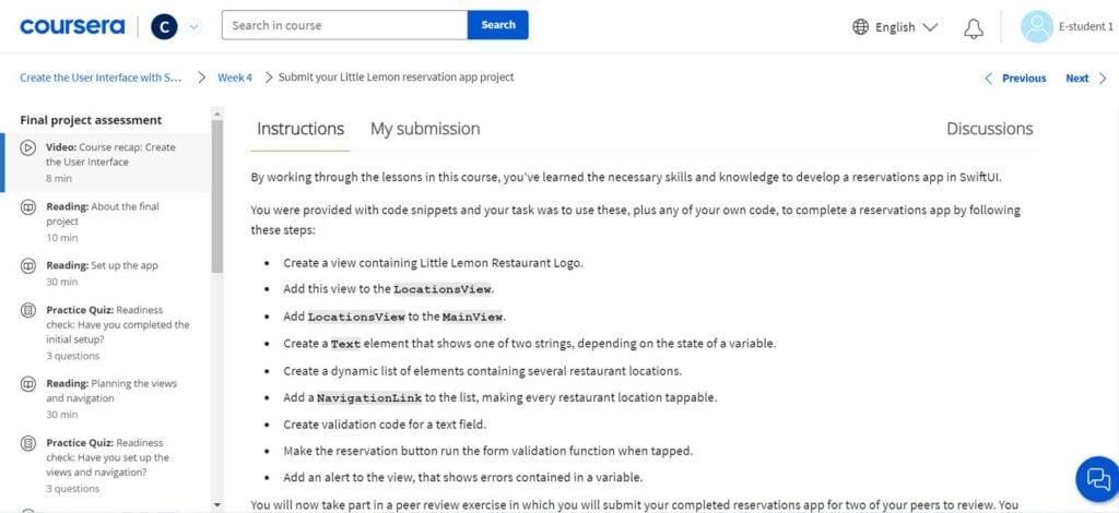 Screenshot of the final assignment from course 5 of the Meta iOS Developer Professional Certificate on Coursera