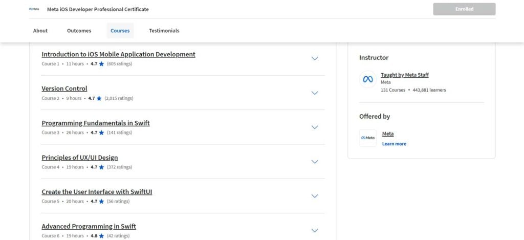 Some of the courses making up the Meta iOS Developer Professional Certificate on Coursera