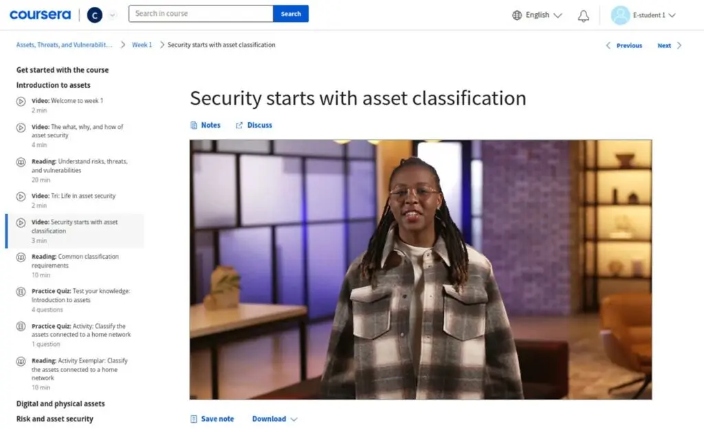 Course video thumbnail discussing assets, threats, and vulnerabilities in the context of security