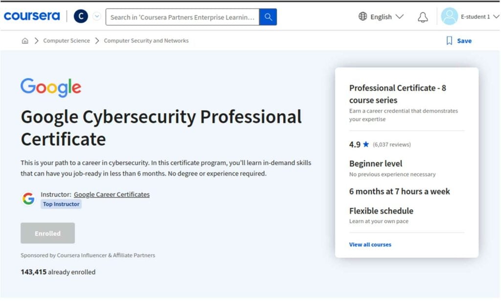 Website of the Google Cybersecurity Professional Certificate on Coursera