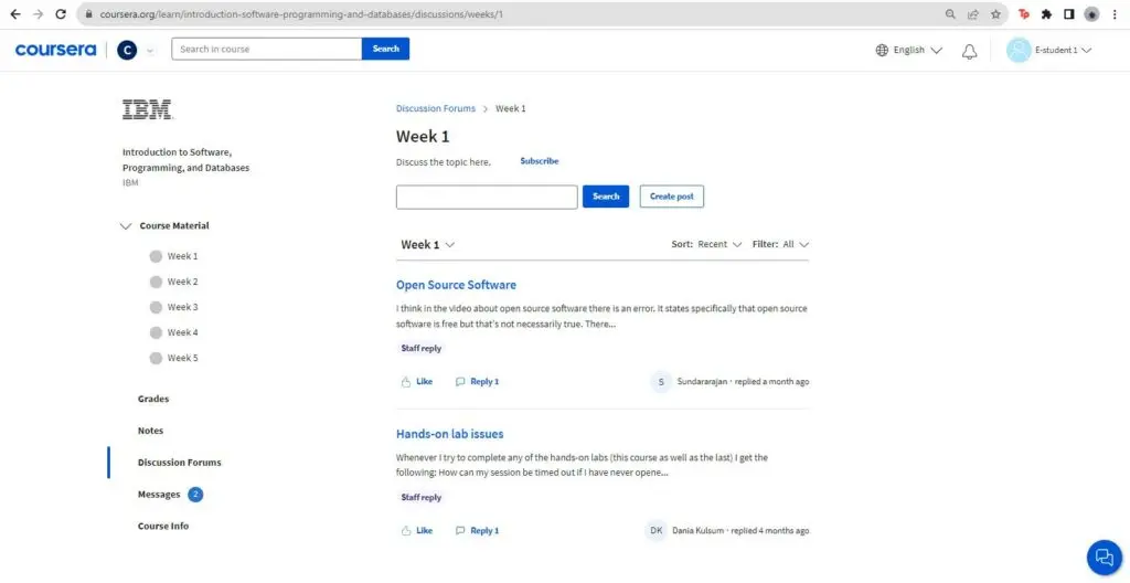 image of a discussion forum for one of the introductory courses