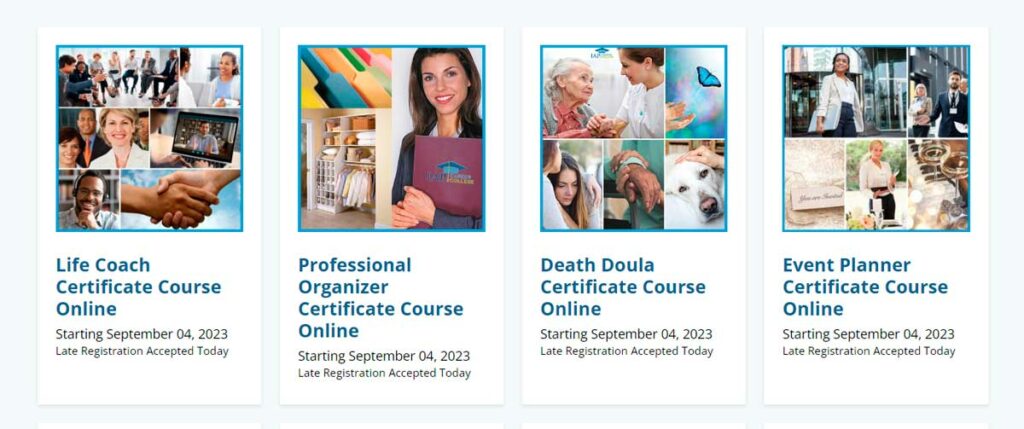 A collage of IAP Career College certificate courses including Life Coach, Professional Organizer, Event Planner, and more