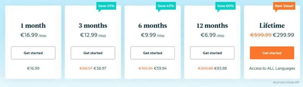 Subscription options for Babbel Self-Study: 1, 3, 6, 12 months, and lifetime access for all languages