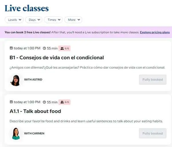 Available live classes with extra subscription