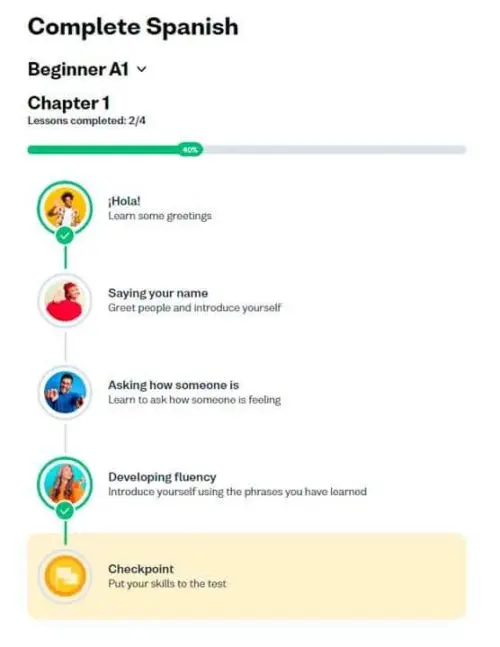 Example of Busuu's lesson organization by chapters