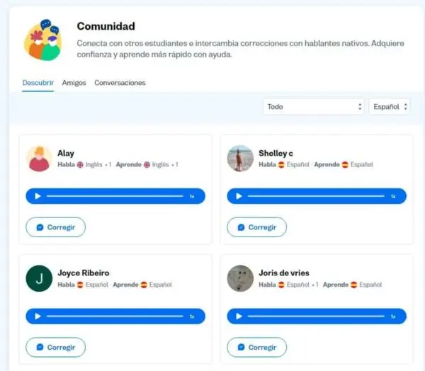 The 'Community' tab displays other users to whom you can send feedback and corrections