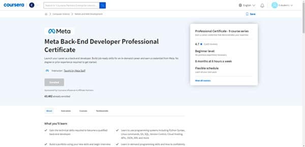 Coursera Meta Back-End Developer Certificate Page