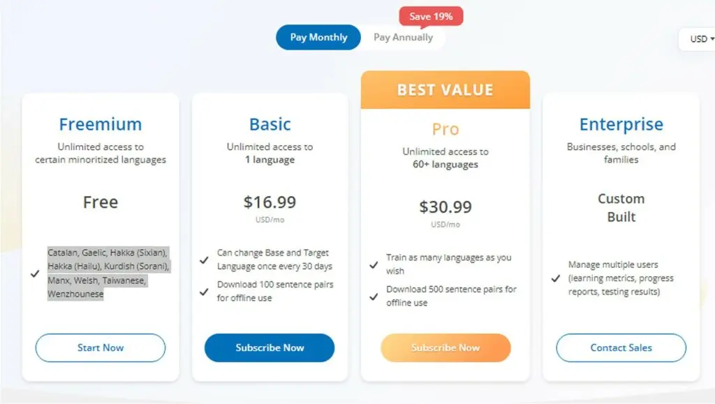 Monthly purchase plan options for Glossika