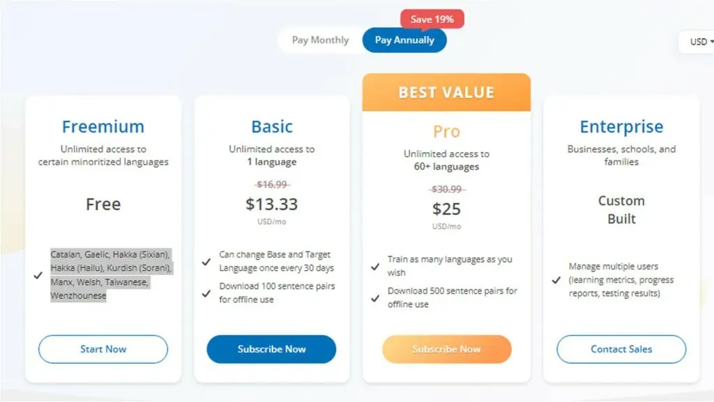 Annual purchase plan options for Glossika