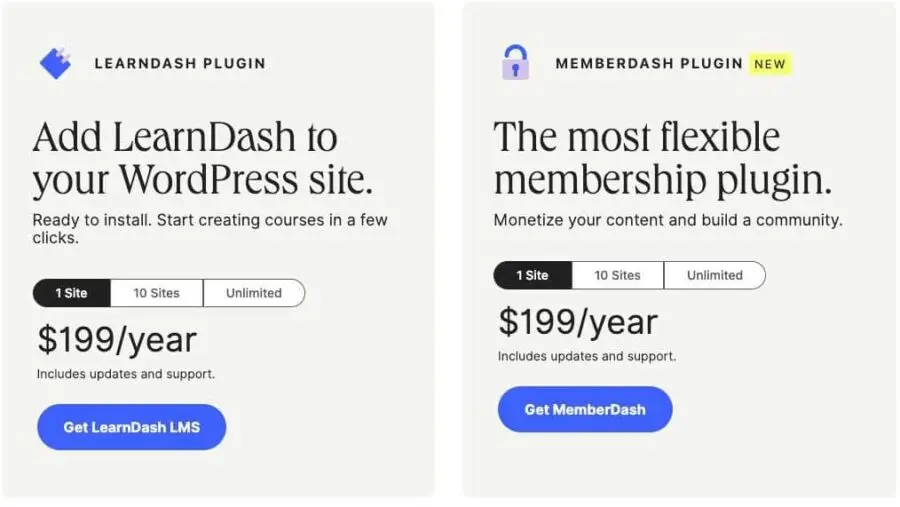 LearnDash and MemberDash plugin pricing plans