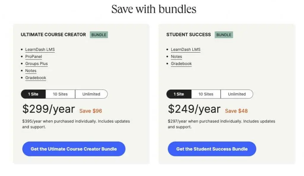 LearnDash bundle pricing: Ultimate Course Creator and Student Success bundles
