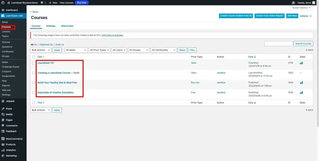 LearnDash course creation: Unlimited courses, lessons, quizzes, with a new user-friendly drag-and-drop interface