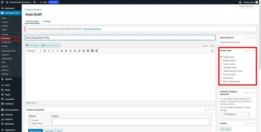 Diverse question types for customization