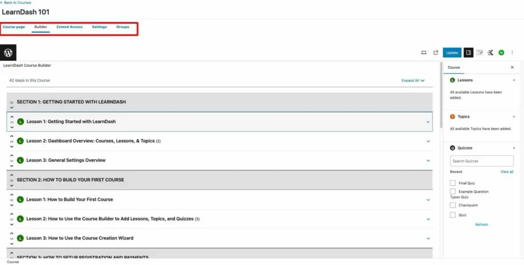 LearnDash course builder: Drag-and-drop interface for efficient lesson, topic, and quiz organization