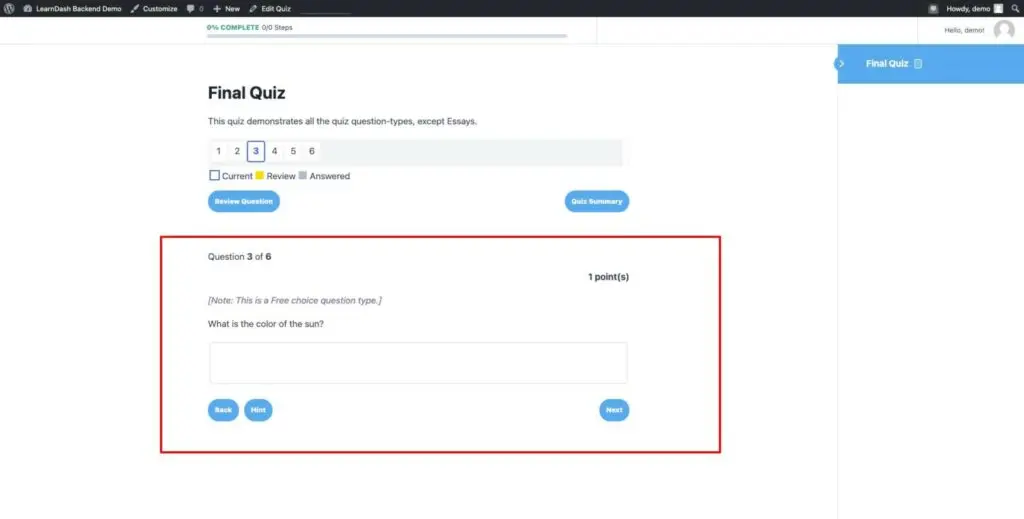Free Choice question type