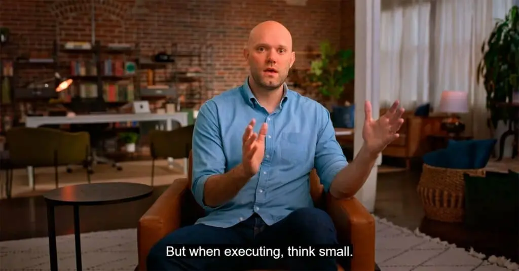 a screenshot where James Clear is seen talking about Mantra: Dream big, but execute small.