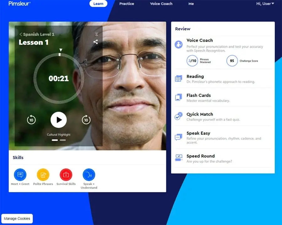 The inaugural lesson of Pimsleur Spanish, showcasing a user-friendly and practical platform