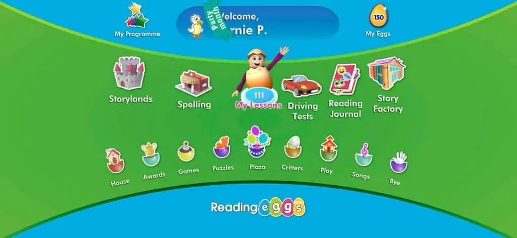 The main menu of reading eggs