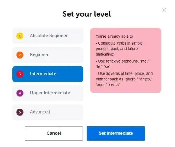Selecting your current proficiency level