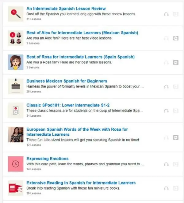 List of lessons included in each learning pathway