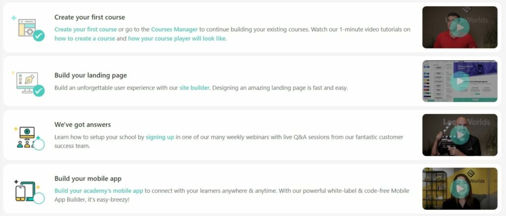 LearnWorlds Welcome Screen Options: Create Course, Build Landing Page, Mobile App