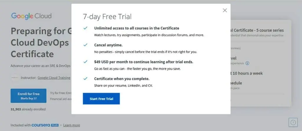 The 7-day free trial on Coursera