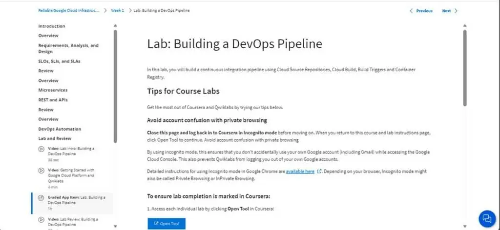 Sample lab exercise provided at the conclusion of the Reliable Google Cloud Infrastructure module