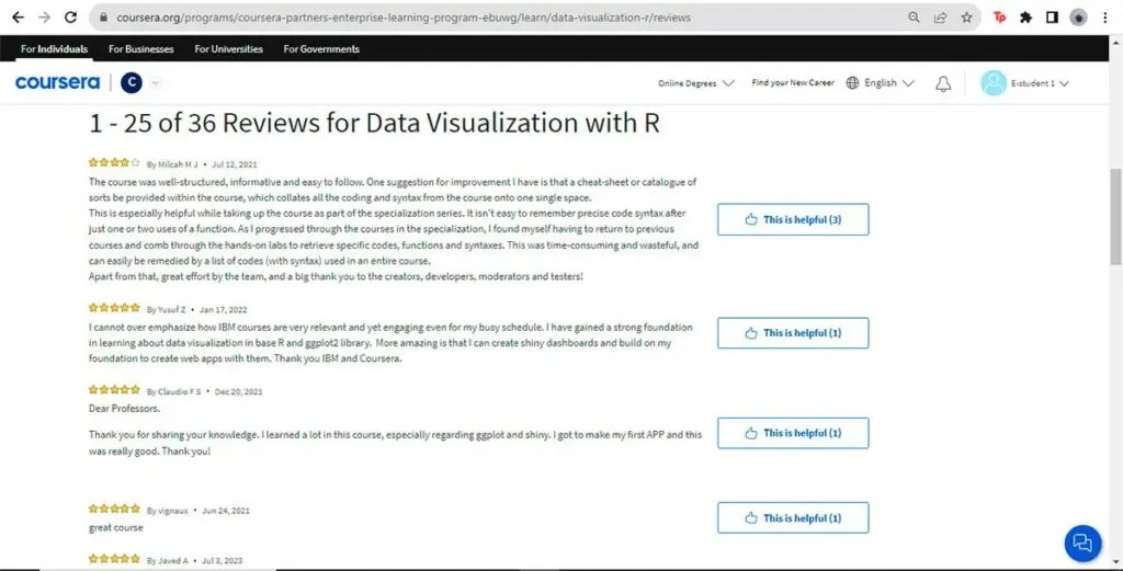 Read student reviews for the Data Visualization with R course
