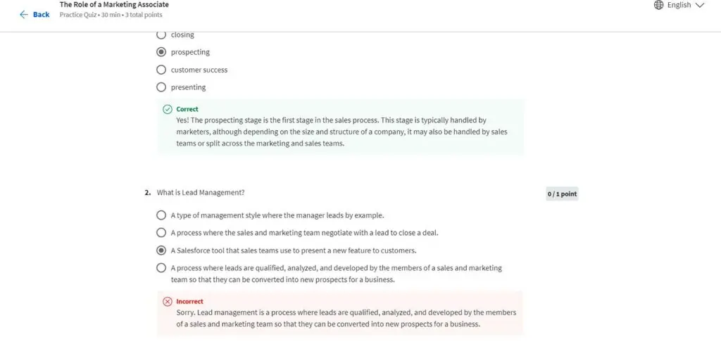 Feedback provided on quiz answers