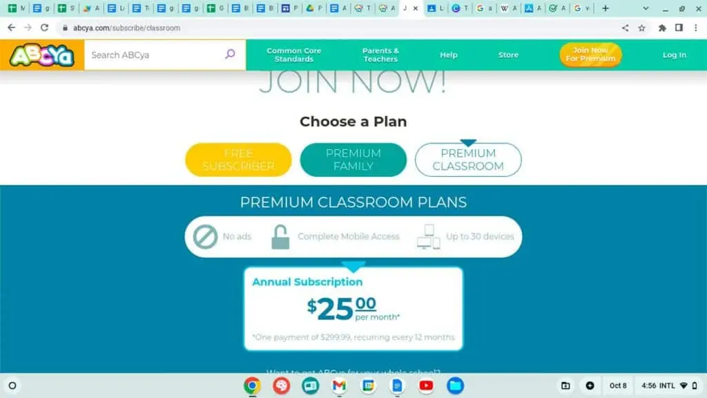 ABCya's classroom subscription plan for teachers