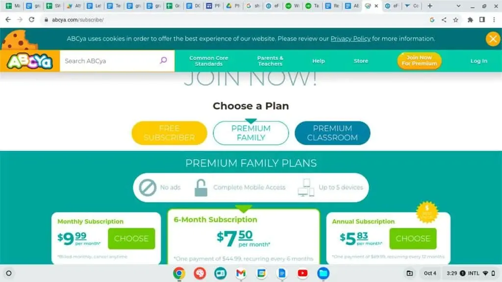 Two ABCya premium subscription plans are displayed: the family plan and the classroom plan. The family plan costs $9.99 per month, while the classroom plan is $25.00 per month