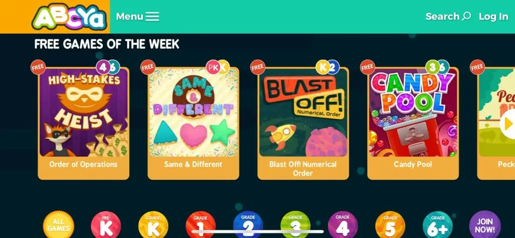Free games of the week and grade-level options in the ABCya mobile app