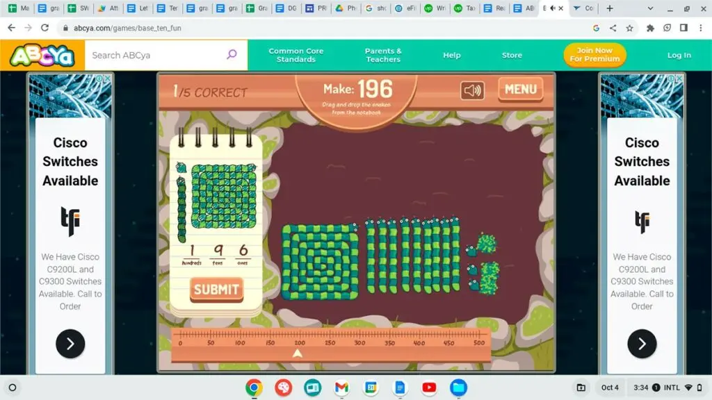 ABCya place value game where the child builds the number 196 from hundreds, tens and ones