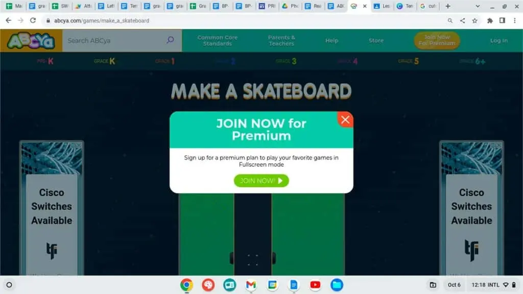 ABCya pop-up asking the user to join Premium to play games in full-screen mode
