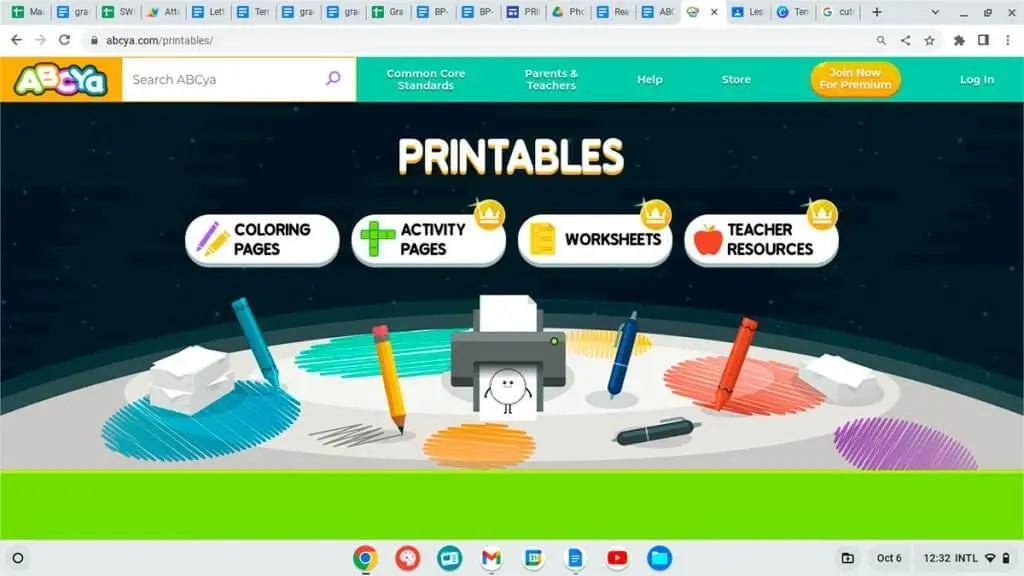 Printable worksheets and coloring pages being used as additional resources for ABCya's learning platform