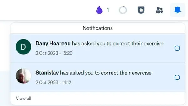 You receive notifications prompting you to correct assignments from other learners