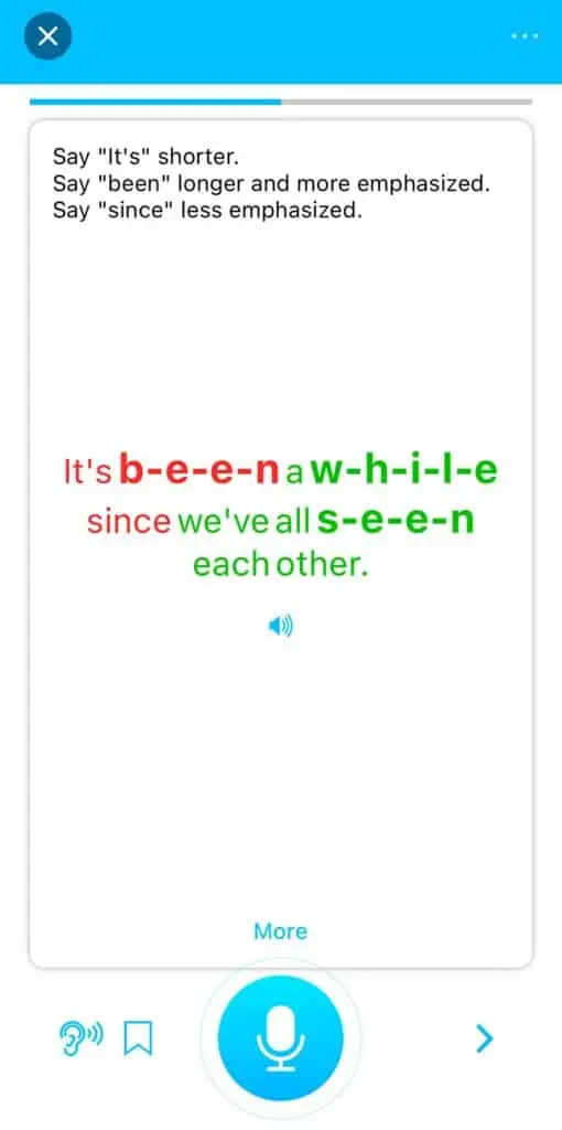 A pronunciation lesson in ELSA Speak with stress and length cues for each word