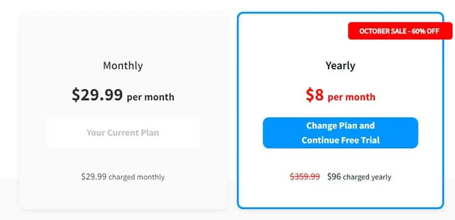 FluentU pricing: $29.99 per month, or $359.99 per year, shown here on sale for $96
