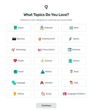 The available topics for customizing your learning content