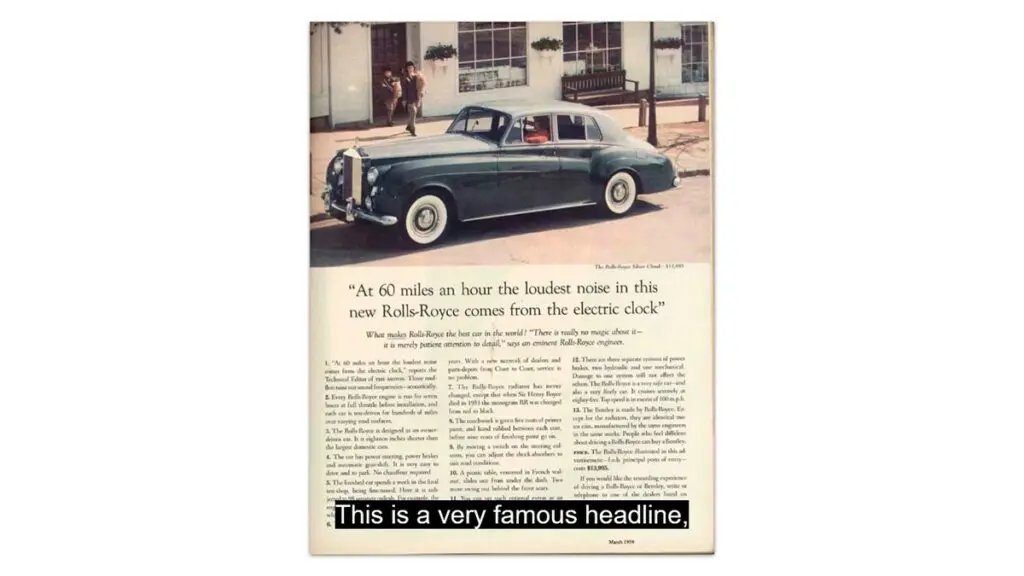 Slide on David Ogilvy’s 104 headline drafts, from the Copywriting Basics class
