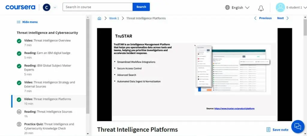 Video lecture in Course 6 covering threat intelligence platforms in the IBM Cybersecurity Analyst Professional Certificate