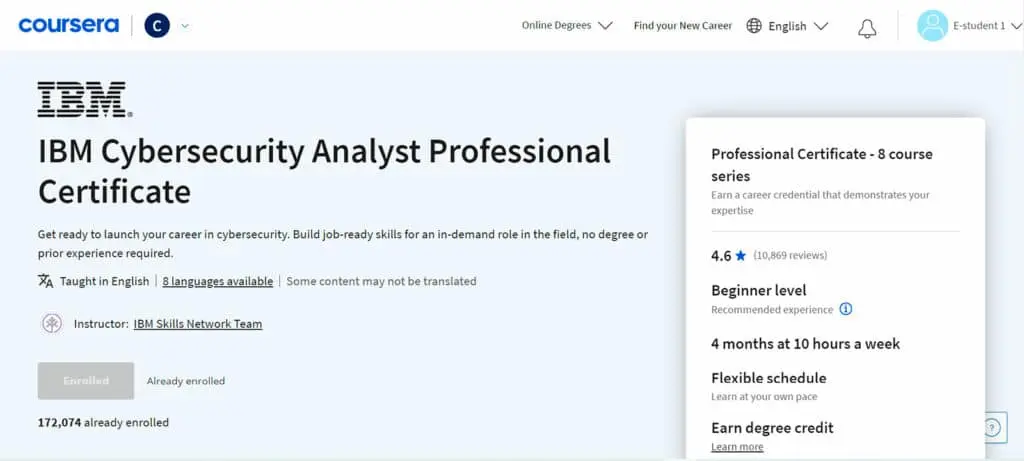 Homepage of the IBM Cybersecurity Analyst Professional Certificate on Coursera
