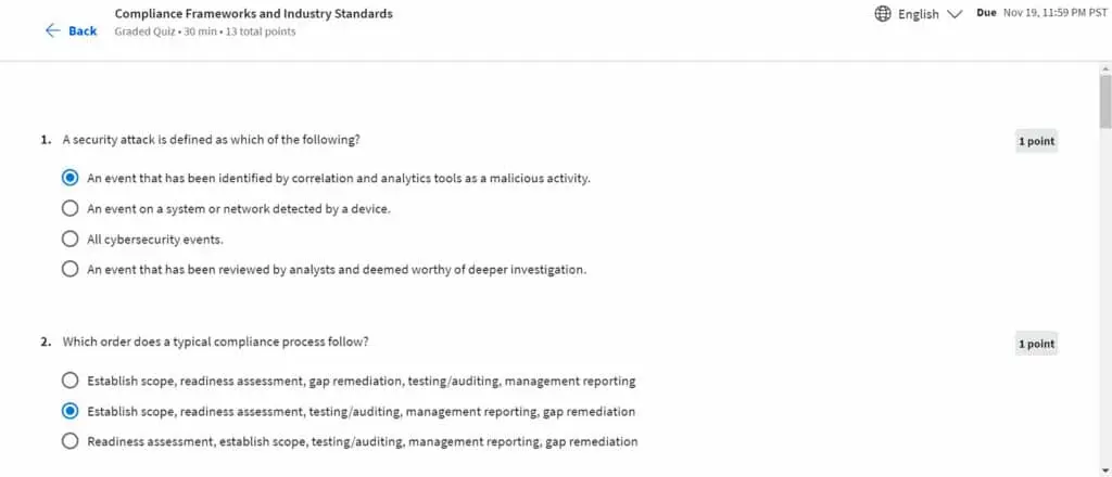 Completing a quiz on compliance frameworks