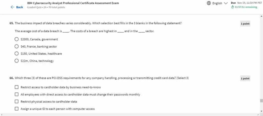 Quiz section of the IBM Cybersecurity Analyst Professional Certificate Assessment Exam