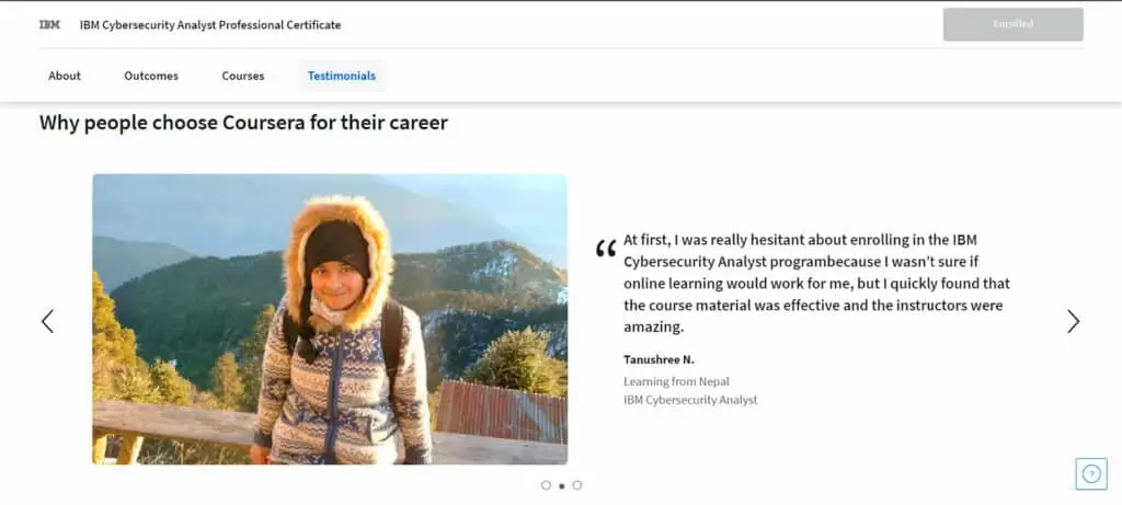 Learner testimonials for the IBM Cybersecurity Analyst Professional Certificate on Coursera