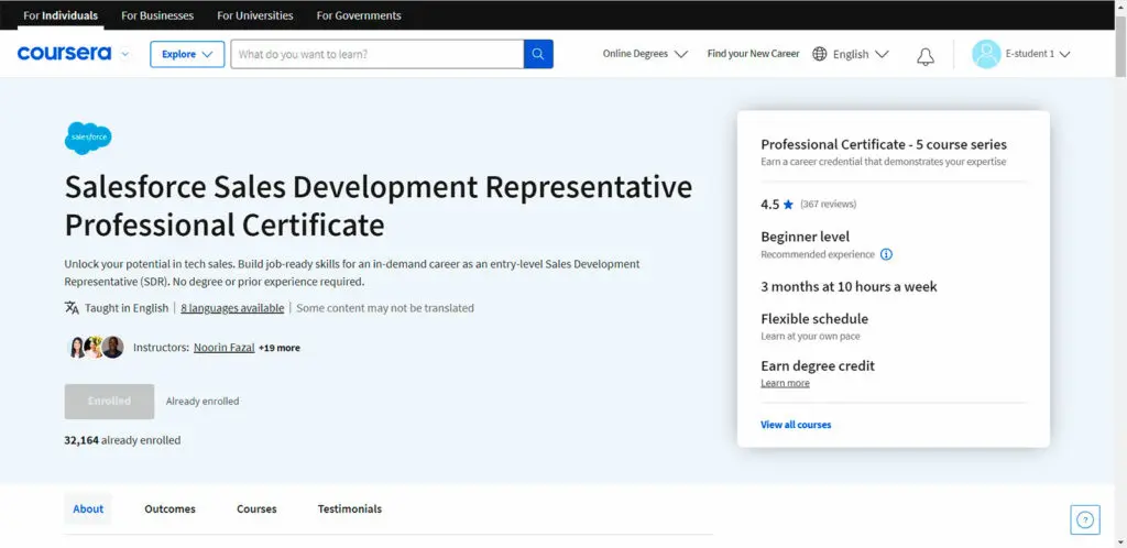 Homepage for the Salesforce Sales Development Representative Professional Certificate