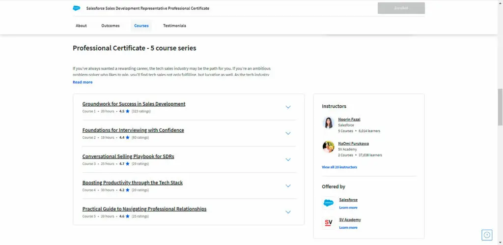 Overview of courses in the Salesforce Sales Development Representative Professional Certificate
