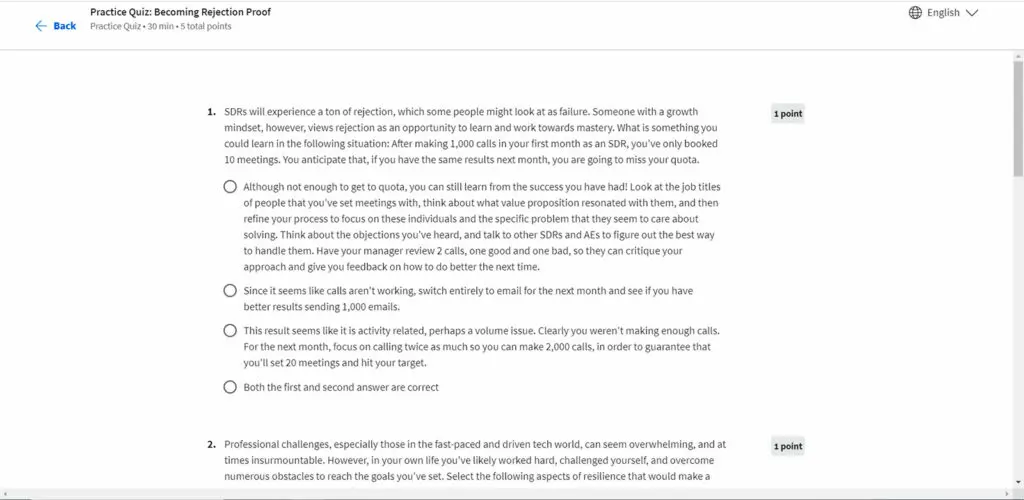 Participating in a practice quiz about becoming Rejection Proof
