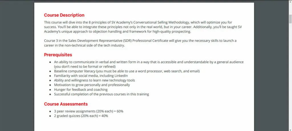 Excerpt from a page of the Syllabus PDF provided by SV Academy